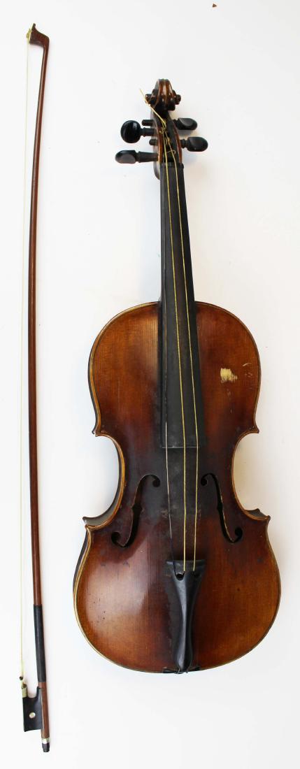 late 19th c E Martin Amati copy violin: late 19th c E Martin- Sachsen labeled Amati copy full size 4/4 violin, 2 piece tiger maple back, sound post intact, with stamped Bausch bow (needs hair), 14 1/4" body