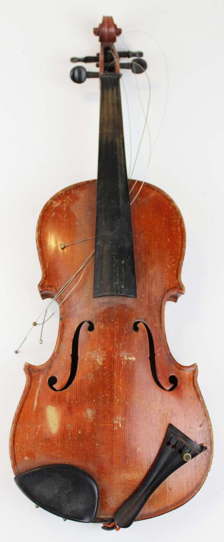 early 20th c German 3/4 size violin as found: early 20th c 3/4 size violin (13"), marked Germany, appears structurally sound, soundpost intact, needs bridge & tailpiece gut
