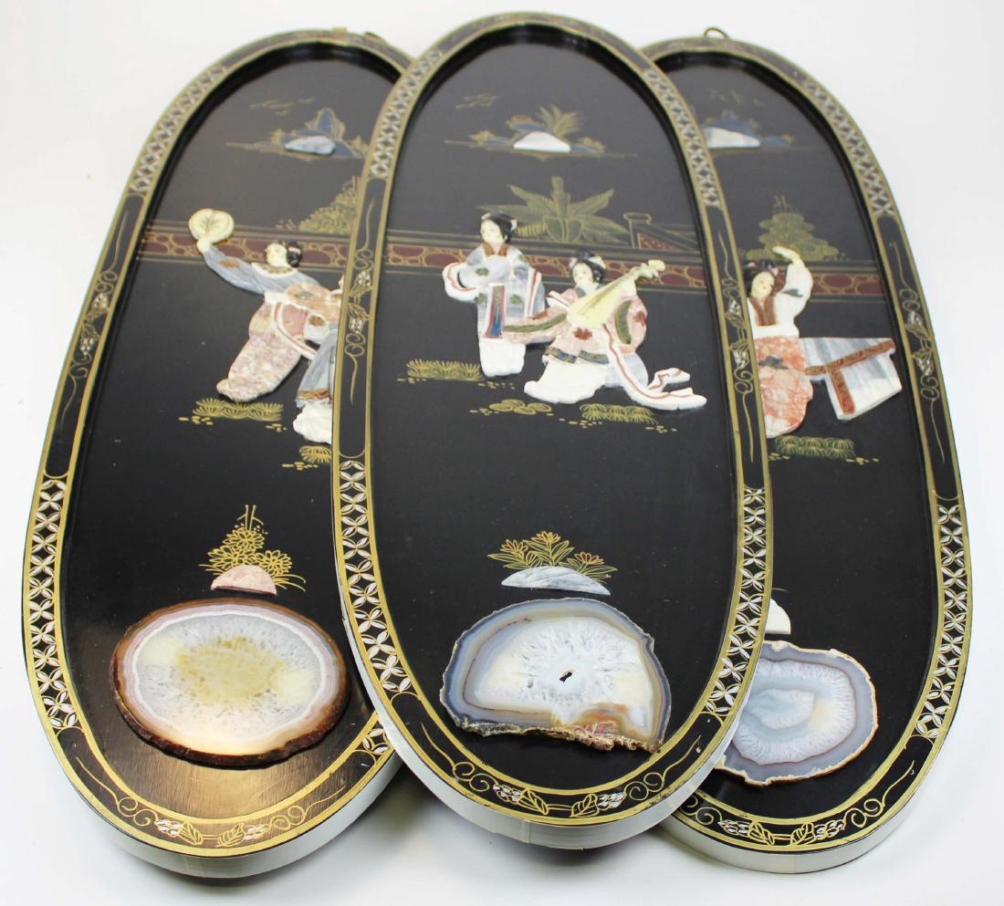 set of 4 late 20th c Chinese wall plaques: set of 4 late 20th c Chinese stone inlaid oval wall plaques, 37" x 12"