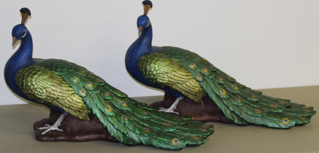 pr of contemporary plastic resin peacocks: pr of contemporary plastic fiberglass resin hollow cast peacocks, Design Toscano, China, length 33"