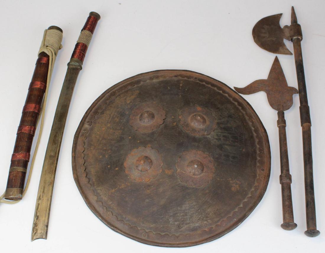 Lot of Weapons: Lot of Weapons- Buckler Shield (North African), Two Indo-Persian ceremonial axes, Philipino sword with sharkskin grip