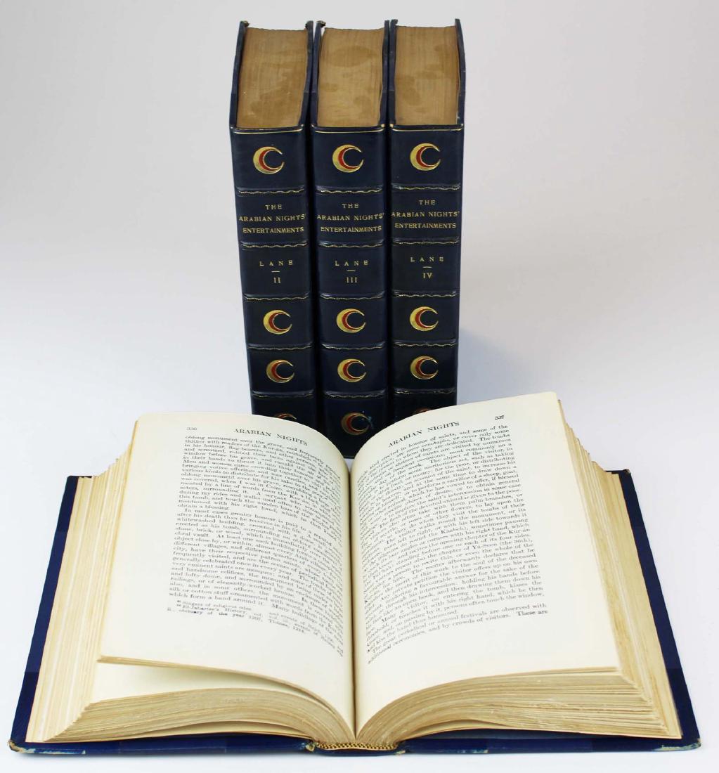 1926 Lane The Arabian Nights' Entertainments: 1926 Edward William Lane "The Arabian Night's Entertainments" (4 volumes), 3/4 gilt blue calf (ex Daniel Stein Antiques)