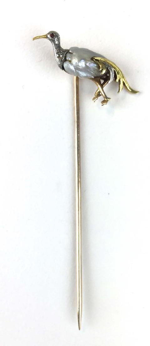 Yellow gold, silver, & freshwater pearl fowl stick pin (1 of 3)