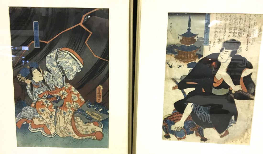 Two 18th c Japanese woodblock of Samurai & girl: Two 18th c or early 19th c Japanese woodblocks of Samurai and woman by Toyokuni (1769-1825). 12" x 8".