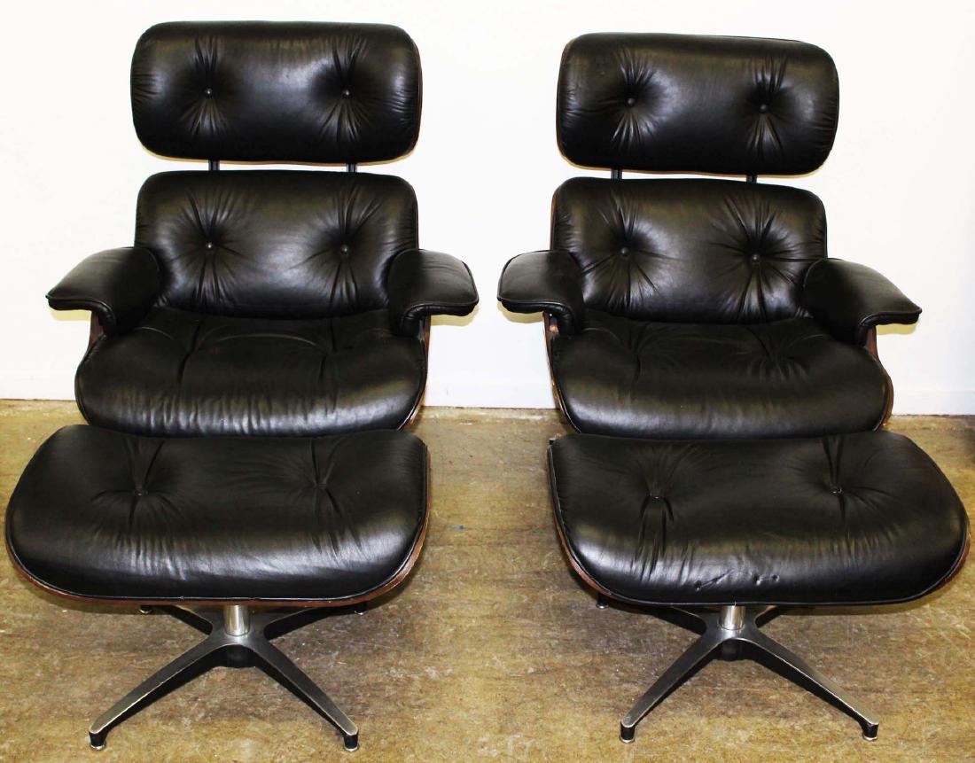 Pair of Herman Miller style lounge chairs by Selig: Pair of leather and bent plywood lounge chairs with matching ottomans. In the style of Eames for Herman Miller. Made by Selig Mfg. Co, Leominster, MA. 39"h