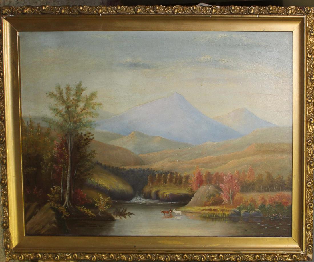 19th c Landscape: 19th c Hudson River School landscape oil on board 12 x 18"