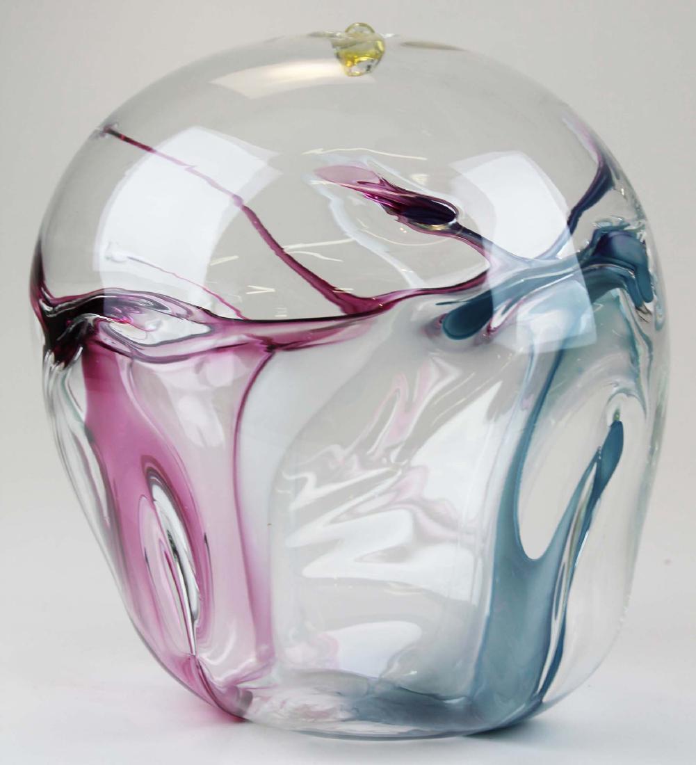 Peter Bramhall Bridgewater, VT art glass sphere: Peter Bramhall (American b. 1942) Bridgewater, VT contemporary art glass spherical orb titled "Winter Song" November 27, 1987 with teal, cranberry, and white interior streaks 10" x 10"