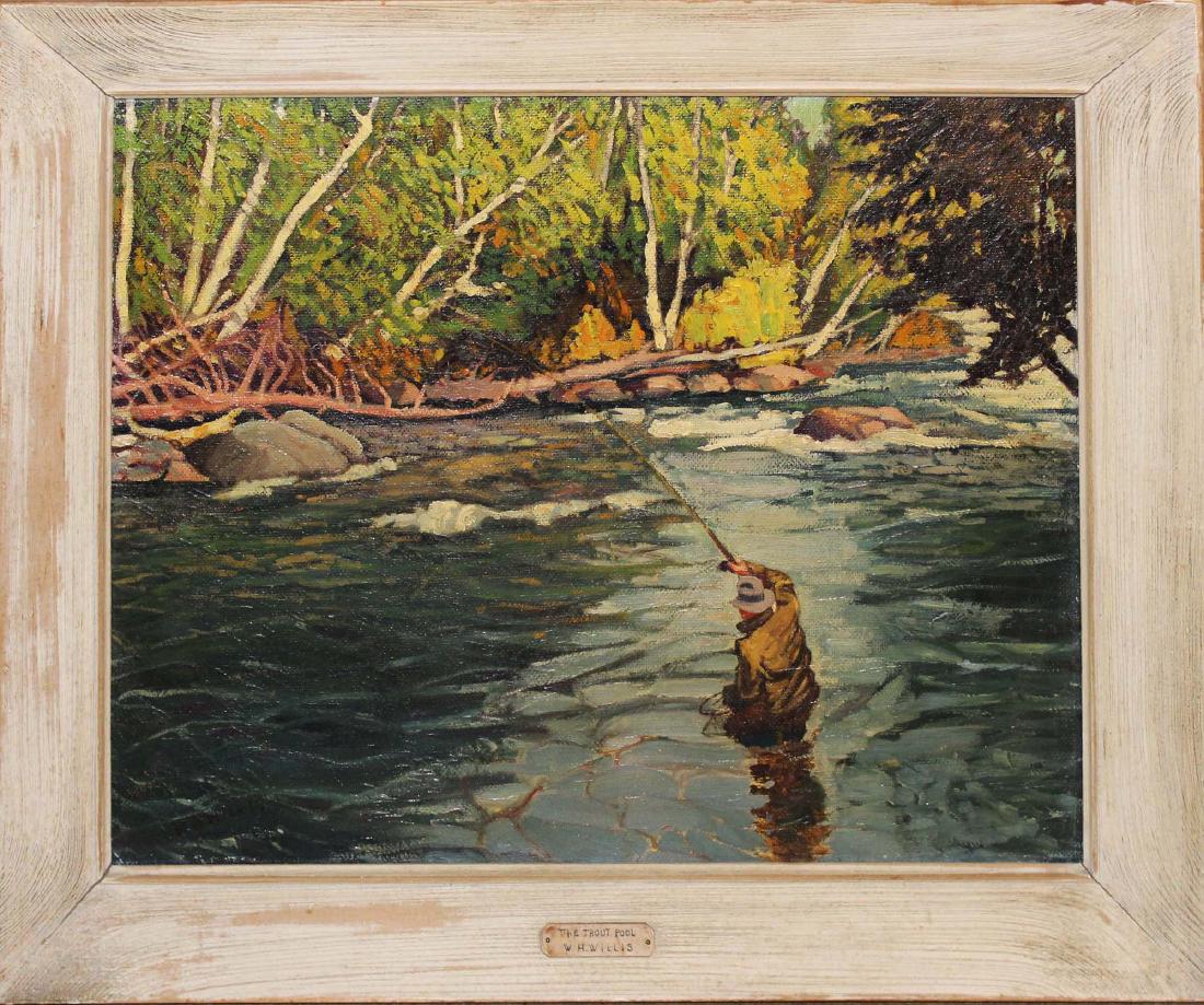 W.H. Willis (20th c): W.H. Willis (20th c) The Trout Pool oil on masonite signed reverse 20 x 24"