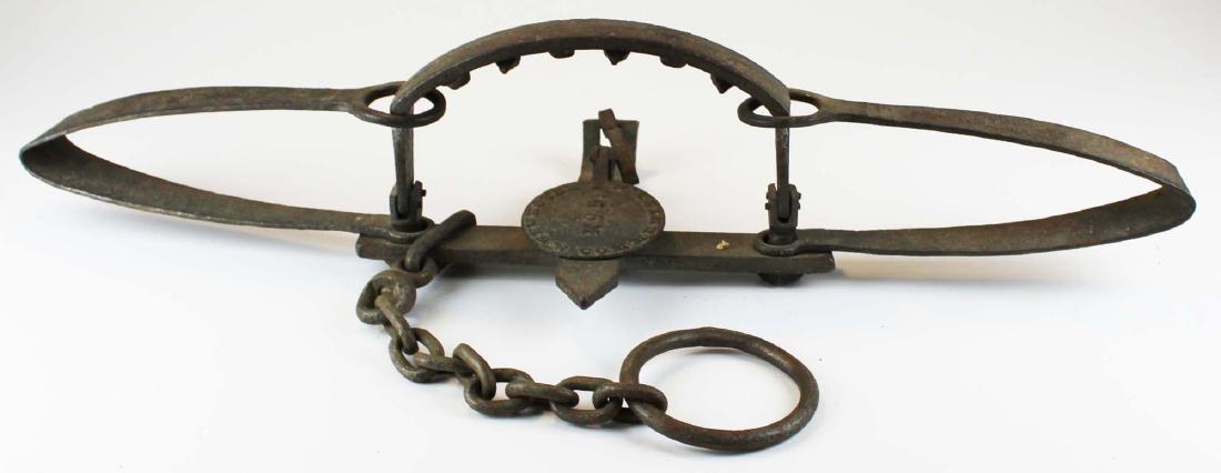large bear trap signed Newhouse No 5: signed Newhouse No 5 Community, NY bear trap with teeth, S. Newhouse Kenwood NY signed springs, jaw width 11", overall length 34 1/2"