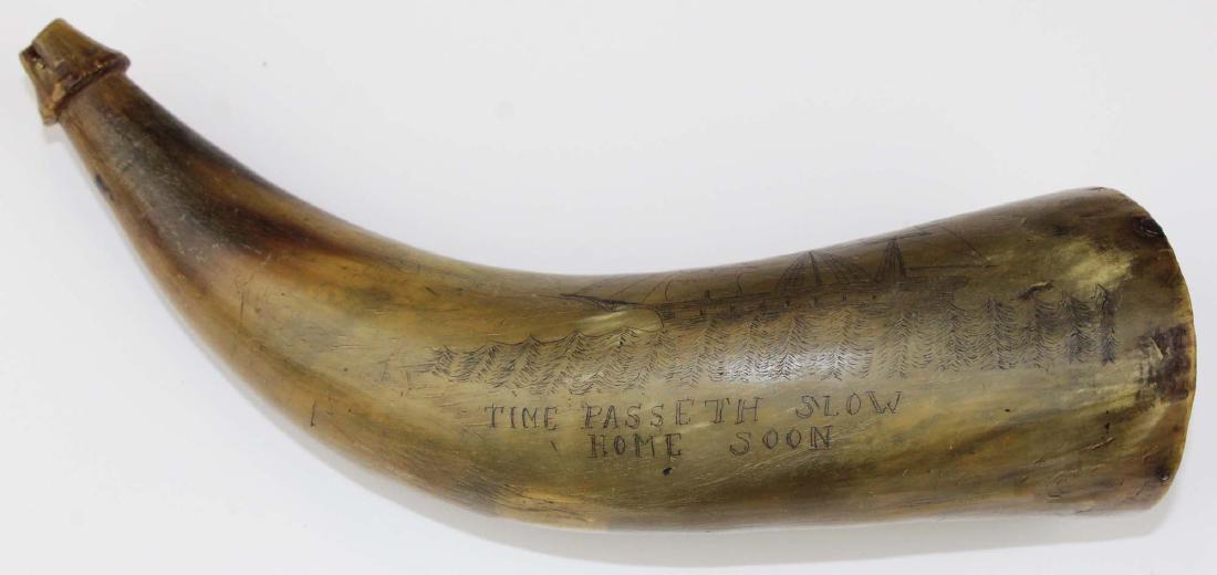 19th c scrimshaw Rockland, ME powder horn: 19th c scrimshaw Rockland, Maine sailor's powder horn engraved with ship, "Time Passeth Slow, Home Soon" and Rockland, Maine, bone inlaid heart on end with initials T P, overall length 8 1/4"