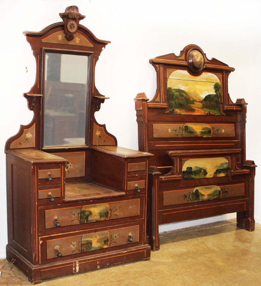 Victorian Scenic Painted Cottage Bedroom Set