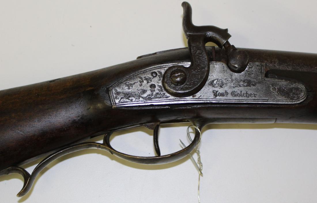Circa 1840 Josh Goulcher .69 caliber fowler/musket: Circa 1840 Josh Goulcher .69 caliber fowler/musket forestock replaced with oak (Old Repair) good old brown patina. 40" barrel 54" overall