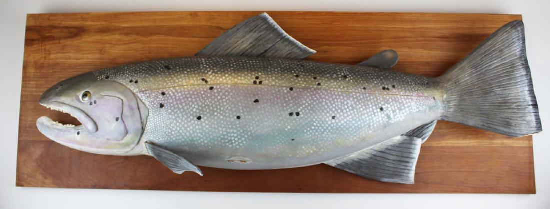 Atlantic salmon trophy painted decorated wall carving: Fine Atlantic Salmon trophy paint decorated carving mounted to wall plaque. Fish 33" long. By Albert Diem. Tail chip.