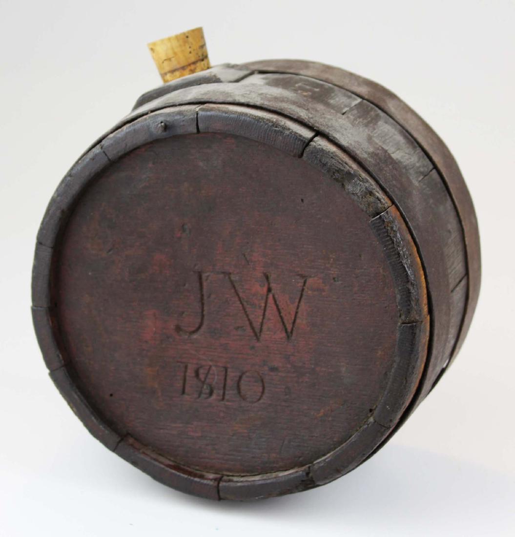 1810 wooden oak stave canteen: dated 1810 wooden stave canteen, initialed J W and also E T near mouth, diameter 7 1/2'