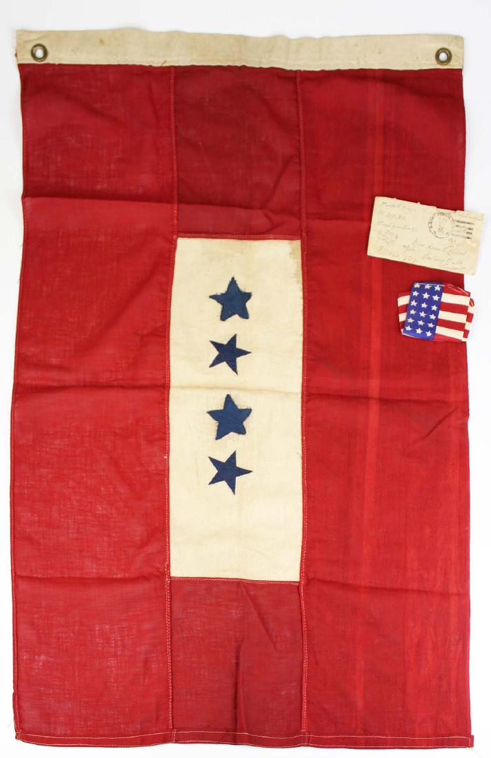 WWI US blue star service flag window banner: WWI US blue star service flag- unusual 4 star banner, two hand stitched stars added to machine stitched stars, these where hung in windows of blue star families to indicate the number of family member