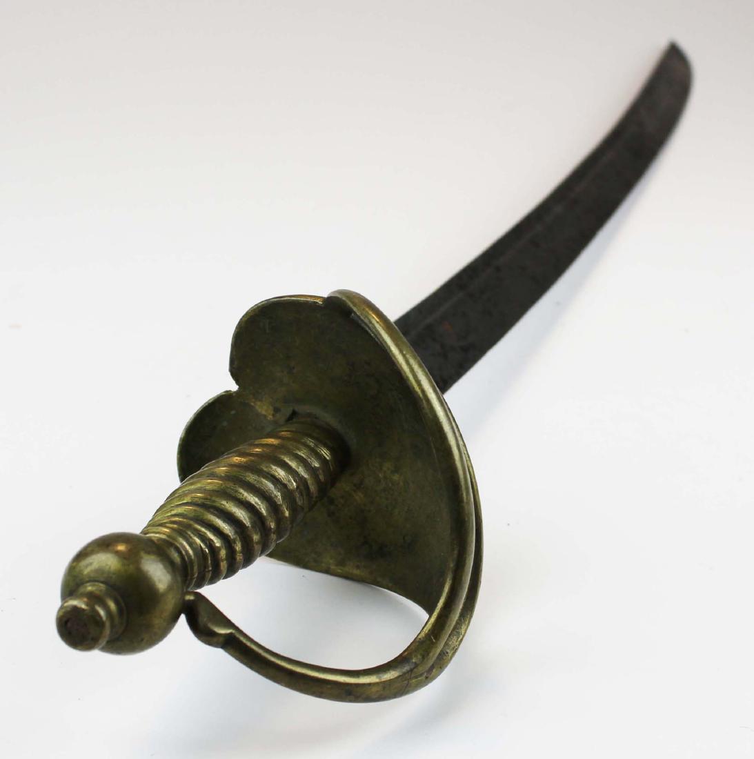 1750- 1768 English hanger w/ scabbard: ca 1750- 1768 English hanger w/ scabbard, running fox mark (Samuel Harvey) on both sides of blade, used in both the French & Indian war & in the Revolutionary War, overall length 30 1/4", crack in han