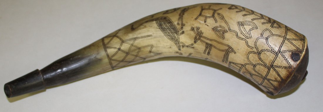 18th c Quebec Powderhorn: 18th c Quebec powder horn, early rosehead nail construction numerous figures including hunter, deer, snake, anchor, ship and intials GT 13" long