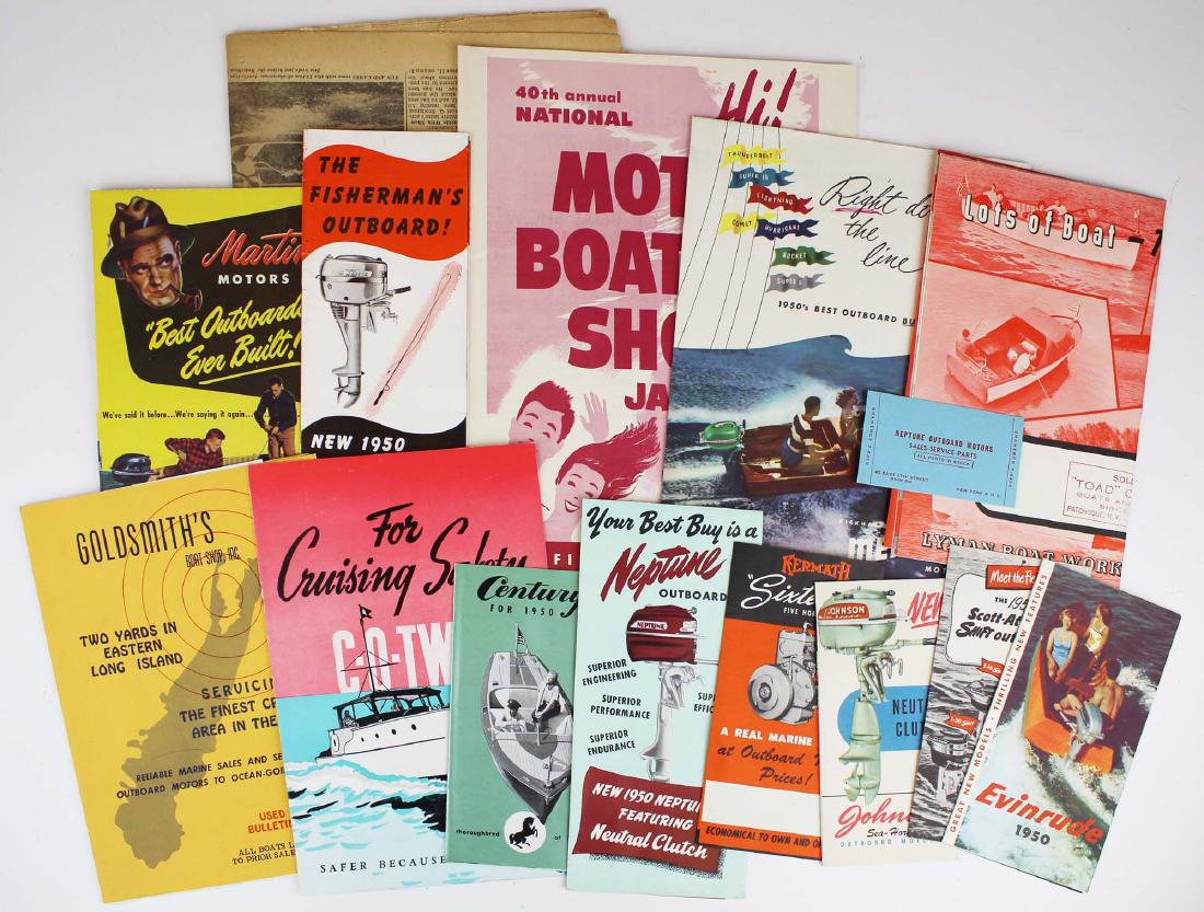 vintage ca 1950 outboard motor pamphlets: 1950 boating brochures, vintage boat & outboard motor pamphlets (14 pcs)- Johnson, Neptune, Scott-Atwater, Evinrude, Martin, Century, Lawson, Lyman, most in mint condition, ht 6" to 11"
