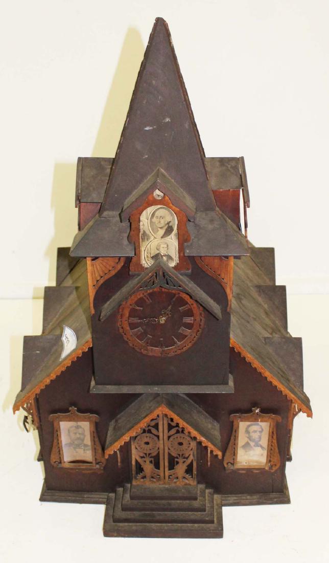 Victorian tramp art country church model: Victorian tramp art country church model with scroll saw gingerbread decorated elements, and engraved illustrations of 19th c. U. S. Presidents behind window panes 34" x 19" x 25" -some losses to orna