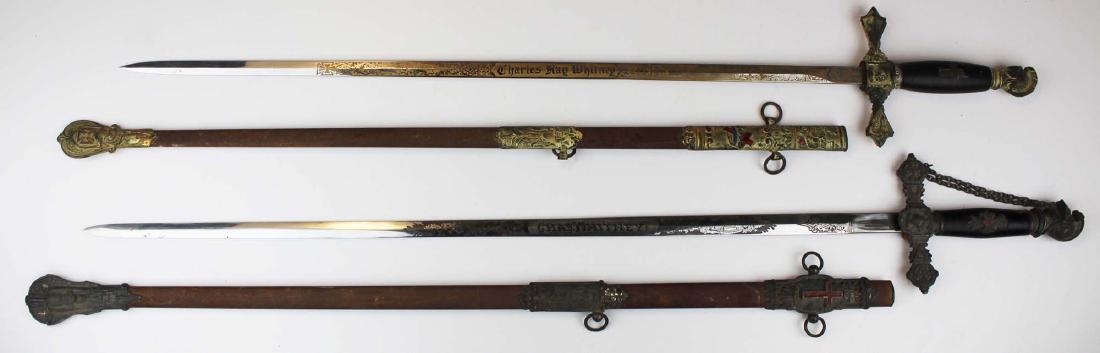 two late 19th c Masonic Scottish Rite swords: two late 19th c Masonic Scottish Rite fraternal swords, G F Foster Son & Co, E A Armstrong Mfg. Co, both engraved Charles Ray Whitney, overall length 37 1/2", 35"