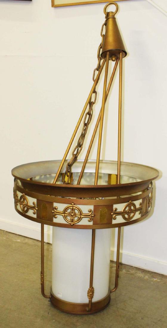 6 Art Deco metal and glass light fixtures: 6 Art Deco metal and glass hanging ecclesiastical light fixtures with milk glass and yellow stained glass diffusers 54" x 24"
