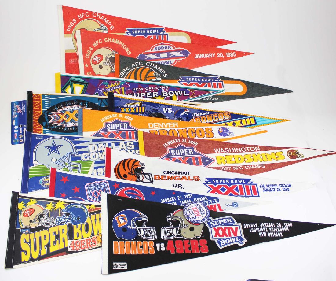 thirteen 1980-s- 90's Superbowl pennants: thirteen 1980's- 90's Superbowl pennants