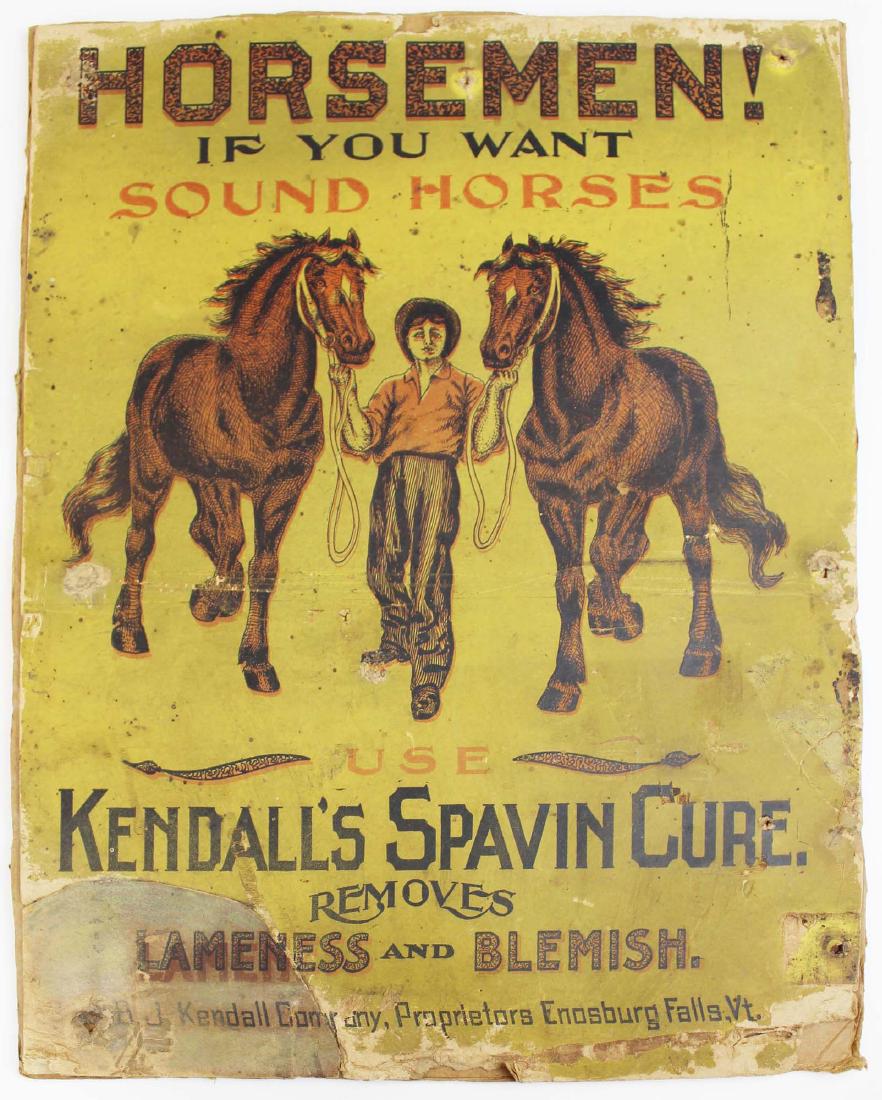 Kendall's Spavin Cure printed advertisement: Kendall's Spavin Cure Enosburg Falls, VT 19th c. printed box board advertisement with colorized illustration of stableman with two horses -tack holes, spliced replaces corner, tape repairs. 14" x 11"