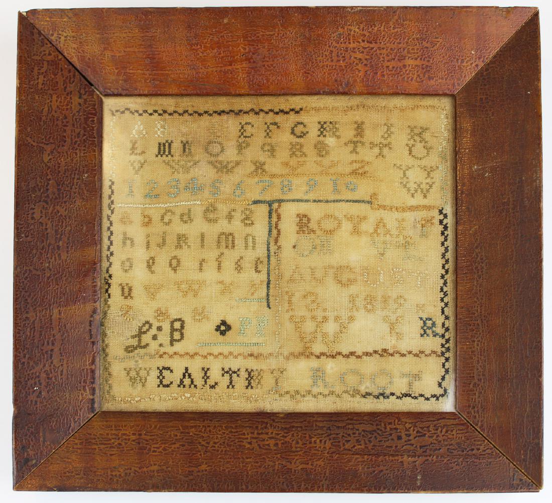 1819 Wealthy Root, Royalton, VT sampler: 1819 Wealthy Root, Royalton, VT (probably Wealthy Root b 1805), 6 1/2" x 7 1/16", some staining, color fading