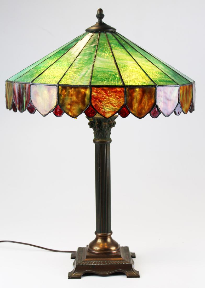 unsigned brass table lamp with leaded shade (1 of 10)