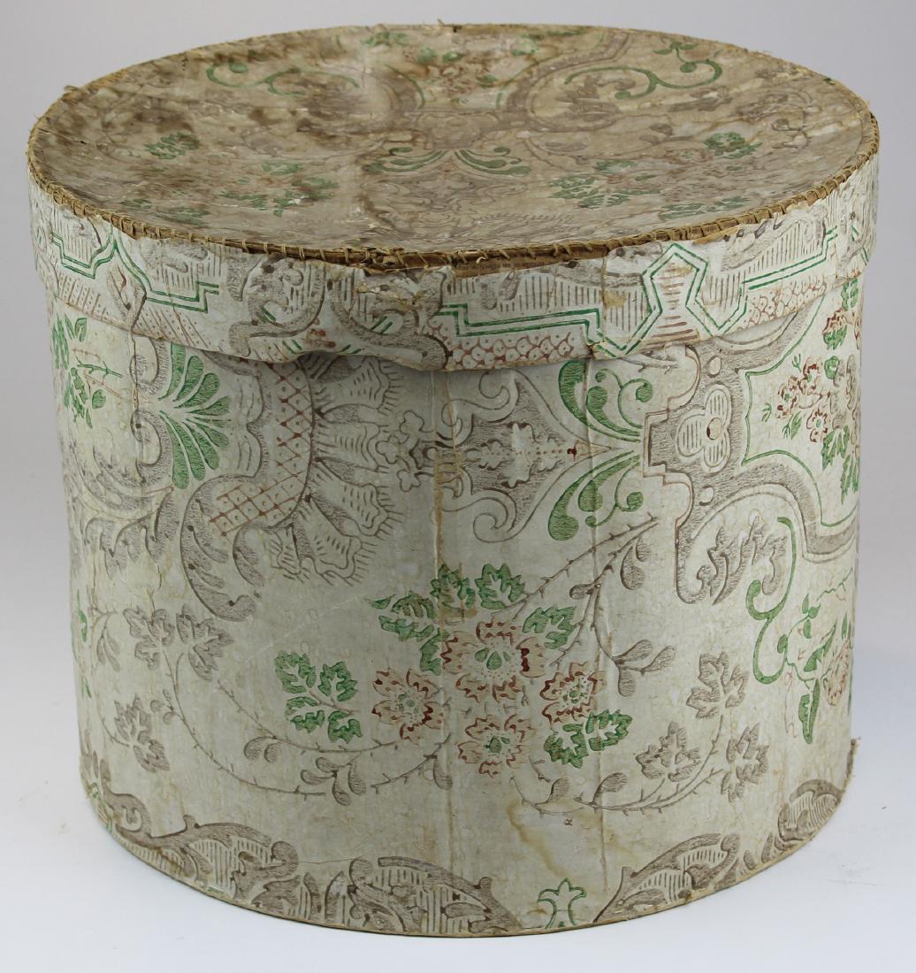 large early 19th c wallpapered hat box (1 of 8)