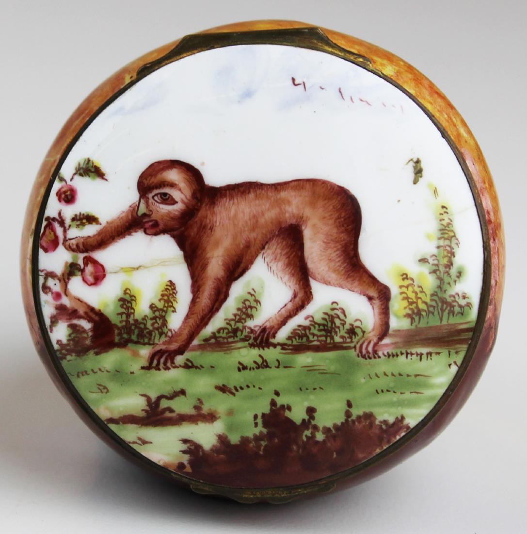 Rare 18th c. Battersea enamel monkey pill box (1 of 7)