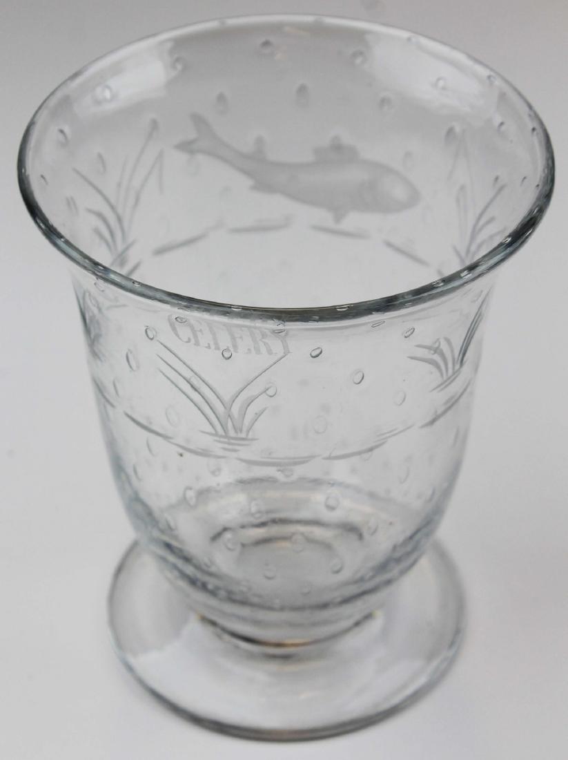 Thomas Webb art glass vase engraved with fish: Thomas Webb England mid-century crystal bubble art glass footed vase engraved with fish, acid etched signature on ground pontil mark 6" x 5"