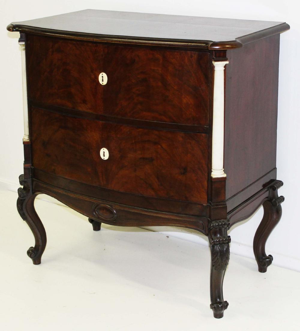 19th c Austrian or German bow front server: 19th c Austrian or German rosewood bow front server having white marble corner columns, bone escutcheons, cared mahogany. Old label. 38"h 32""w 20"d