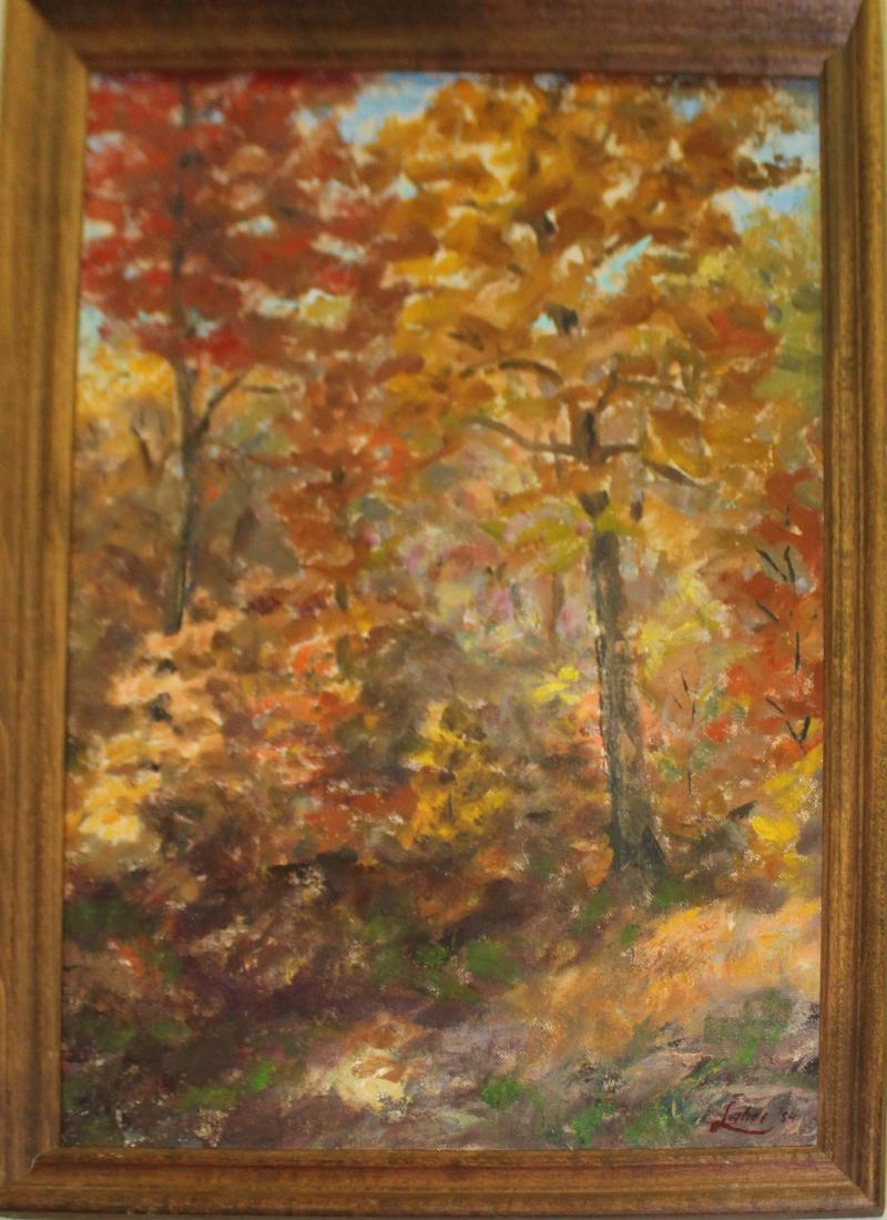 Arnold Wharburton Lahee (VT 1888-1976) Autumn: Arnold Wharburton Lahee (Vermont 1888-1976) Autumn Foliage oil on canvas signed lower right dated 1954 12 x 16" small tear left margin.