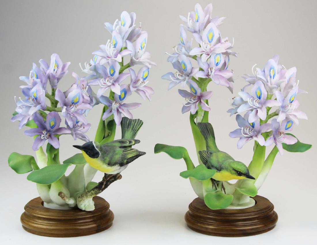 Pr. Royal Worcester Dorothy Doughty birds: Pair of ca. 1950 Royal Worcester Dorothy Doughty "Yellow Throat and Water Hyacinth" (Geothylipus Trichas) artisan hand painted bone china porcelain birds on botanical sculptures #4A on fitted circular