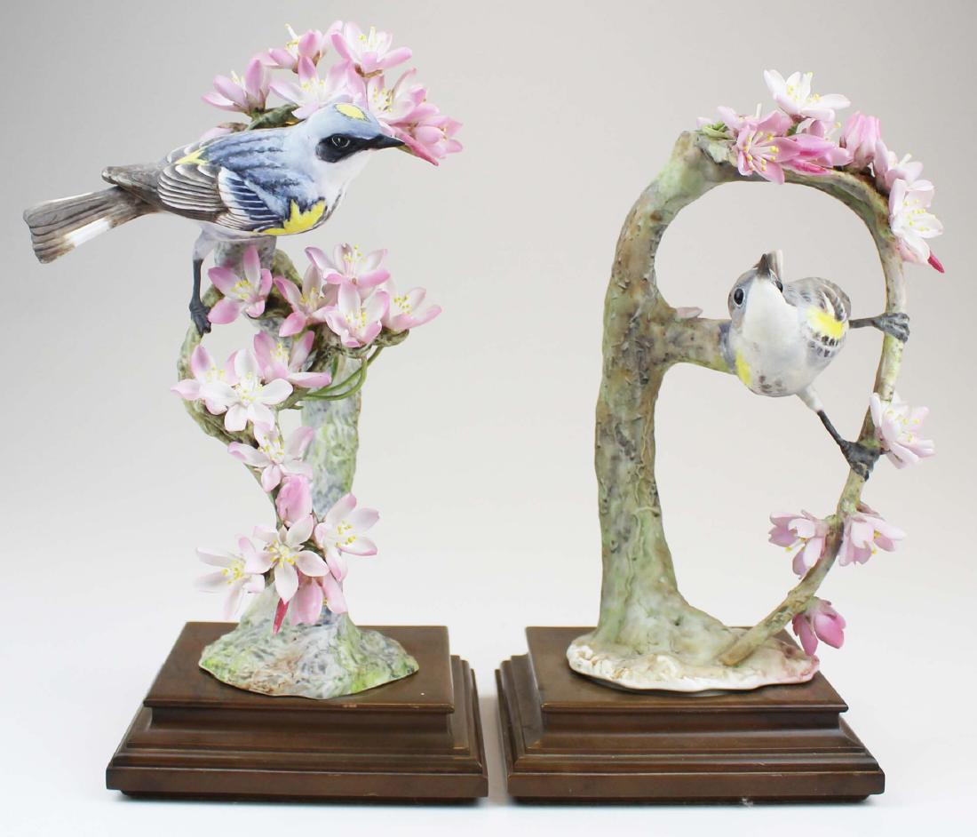 Pr. Royal Worcester Dorothy Doughty birds: Pair of ca. 1950 Royal Worcester Dorothy Doughty "Myrtle Warbler" (dendroica coronata coronata) artisan hand painted bone china porcelain birds on botanical sculptures #4444 on fitted circular wooden 