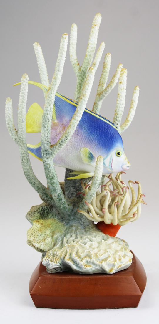 Royal Worcester Ronald Van Ruyckevelt fish: ca. 1960 Royal Worcester "Blue Angel Fish" (angelichthys burmudensis) No. 280 bone china porcelain artisan fish sculpture designed and modeled by Ronald Van Ruyckevelt, set in square wooden base 11.75