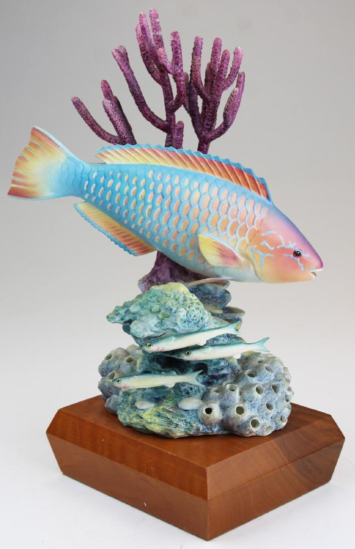 Royal Worcester Ronald Van Ruyckevelt fish: 1967 Royal Worcester "Rainbow Parrot Fish" (pseudoscarus guacamaia) No. 47 bone china porcelain artisan fish sculpture designed and modeled by Ronald Van Ruyckevelt, set in square wooden base 10.75" x