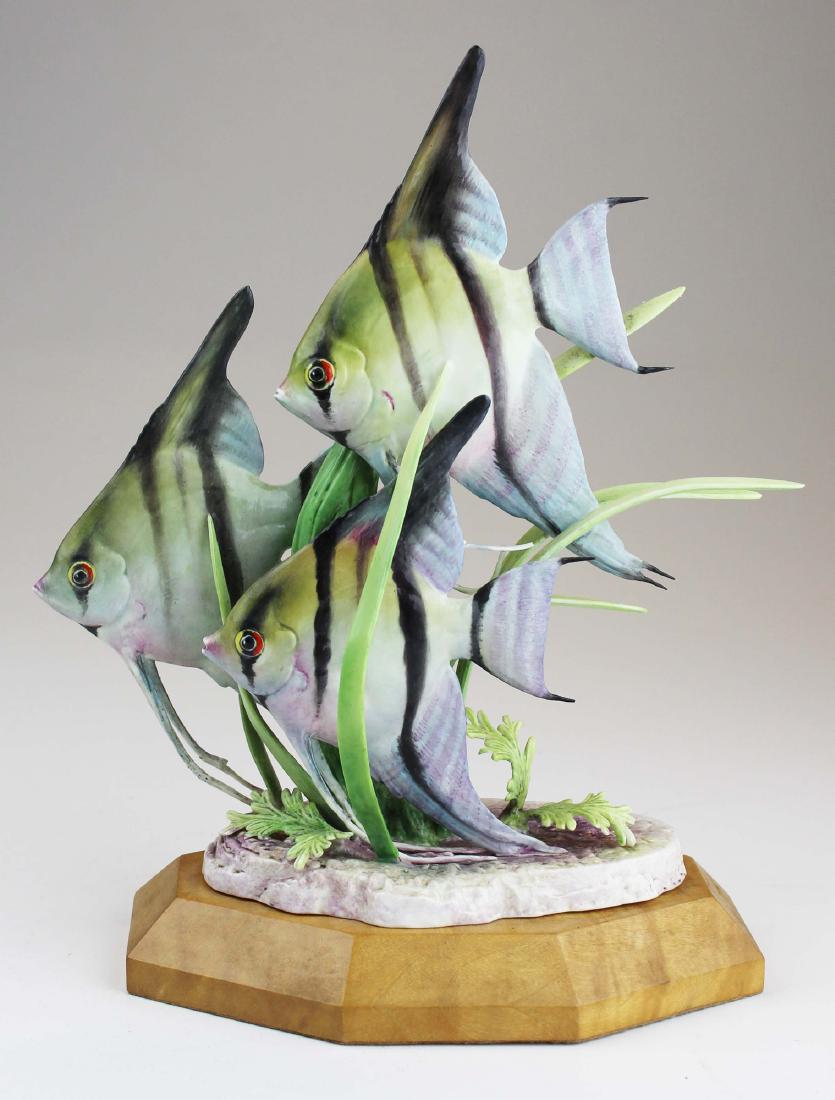 Royal Worcester Doris Lindner fish figurine: ca. 1960 Royal Worcester "Angel Fish" (pterophllum scalare) No. 3475 bone china porcelain artisan fish sculpture designed and modeled by Doris Lindner, set in wooden base 10.75" x 8" -minor loss to ta
