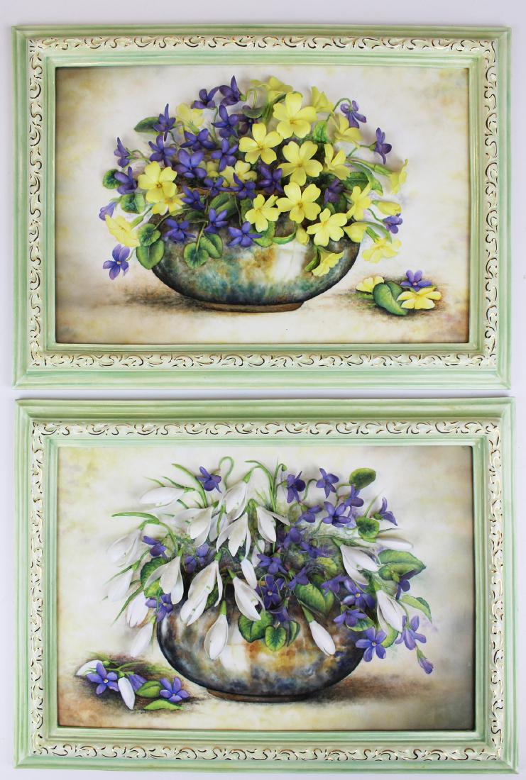 Connoisseur porcelain floral relief plaques: pair of Connoisseur fine English bone porcelain floral relief self framing wall plaques, one having violets and crocuses, one having violets and buttercups, each edition 1/1, 9" x 12"