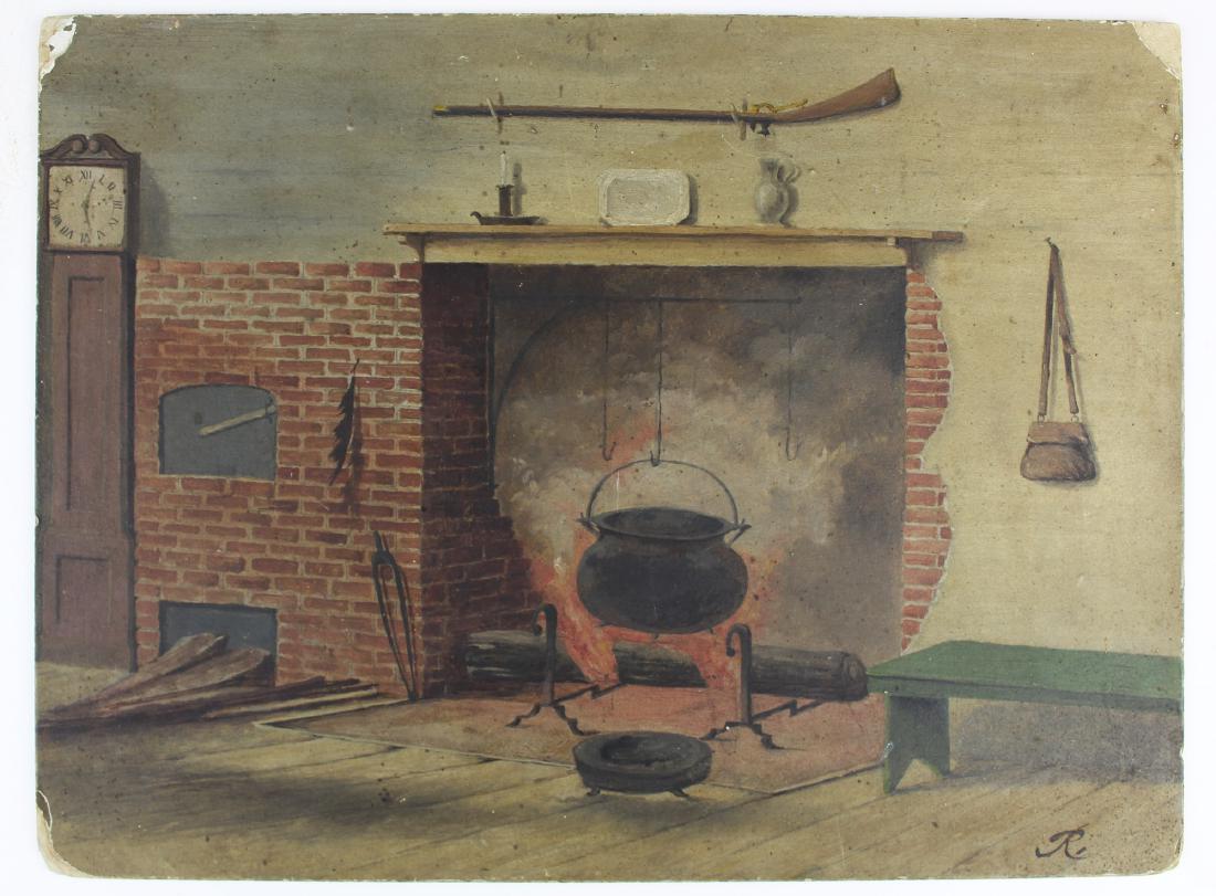 19th c oil on board of a Colonial fireplace (1 of 6)