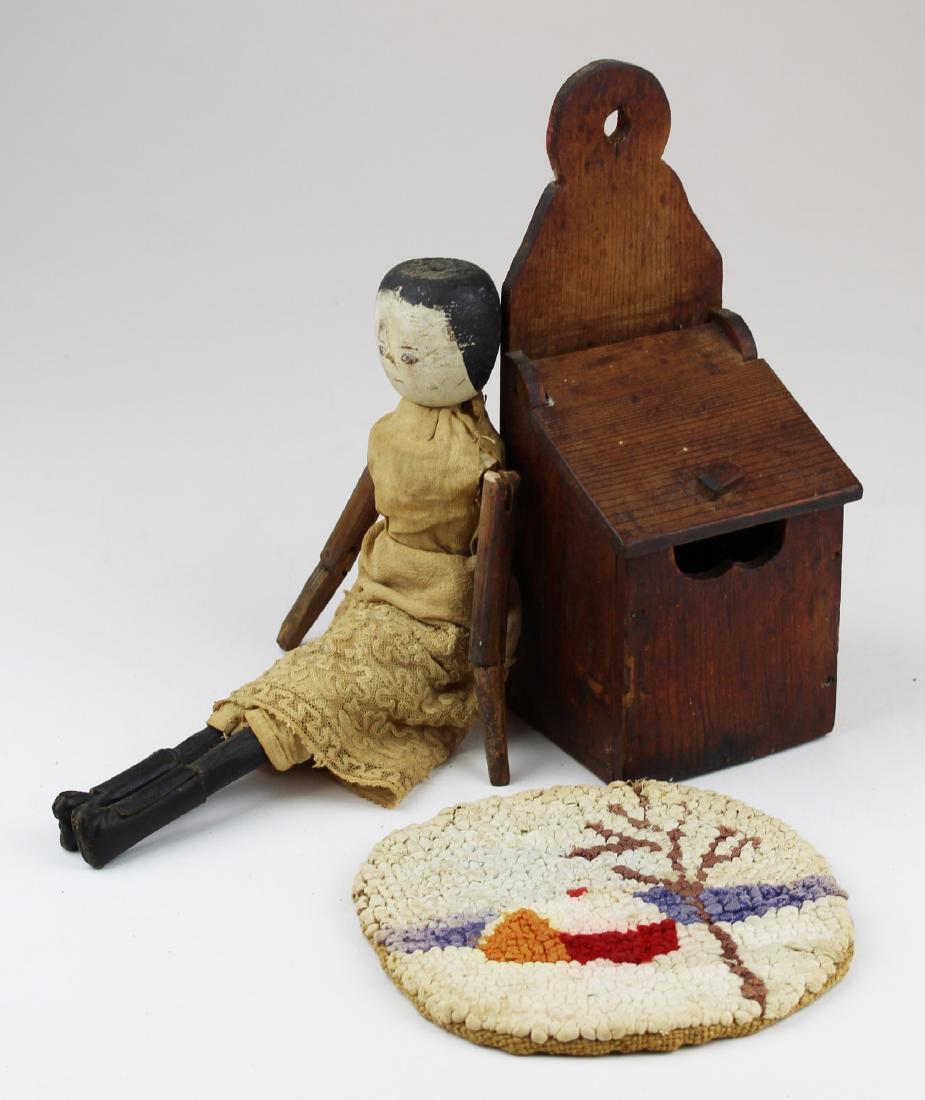 penny wooden doll, small salt box, hooked mat (1 of 8)