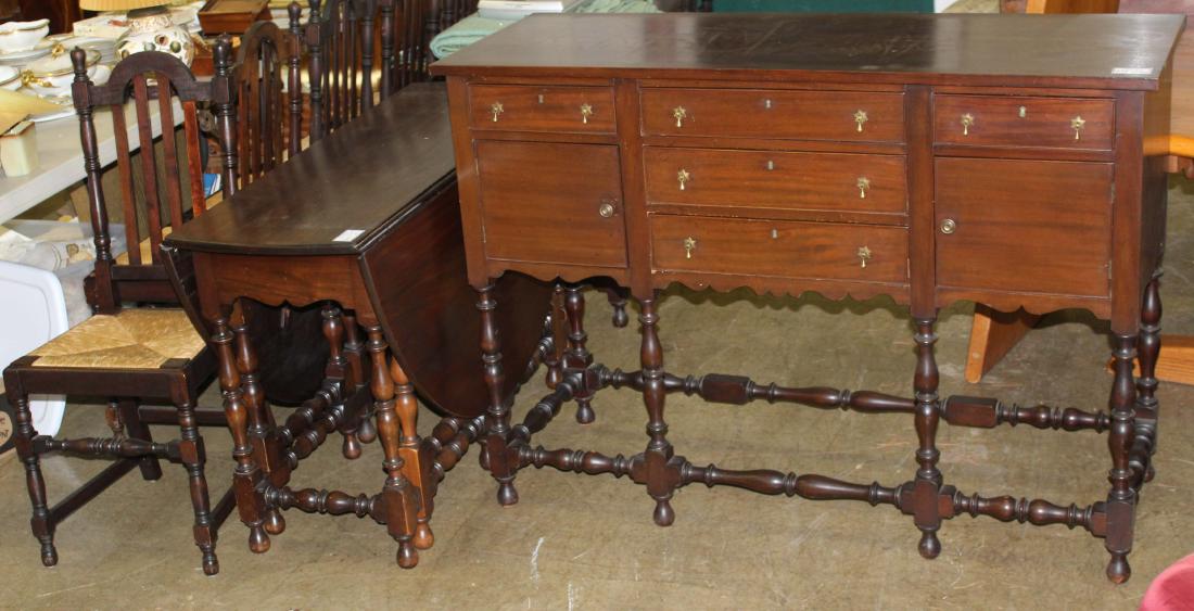 W&M style mahogany dining room set: William and Mary style mahogany dining room set including gate leg one drawer drop leaf table 48"l, sideboard 54"l, small server 32"l, and set of bannister back chairs. Made by Conant Ball Co Boston.
