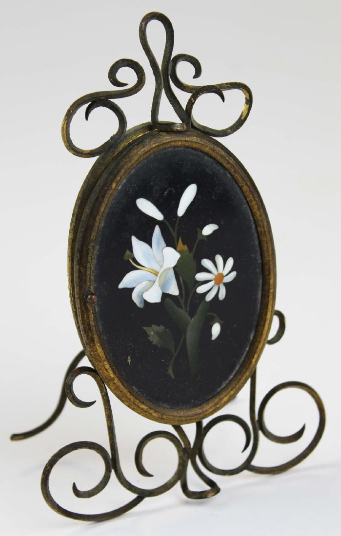 early 20th c pietra dura flower in brass frame (1 of 4)