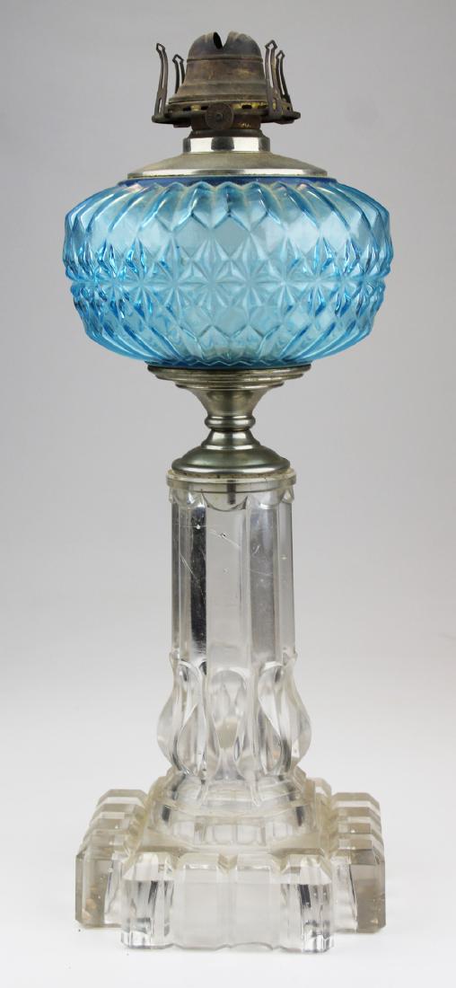 16" high clear & blue pattern glass oil lamp (1 of 6)