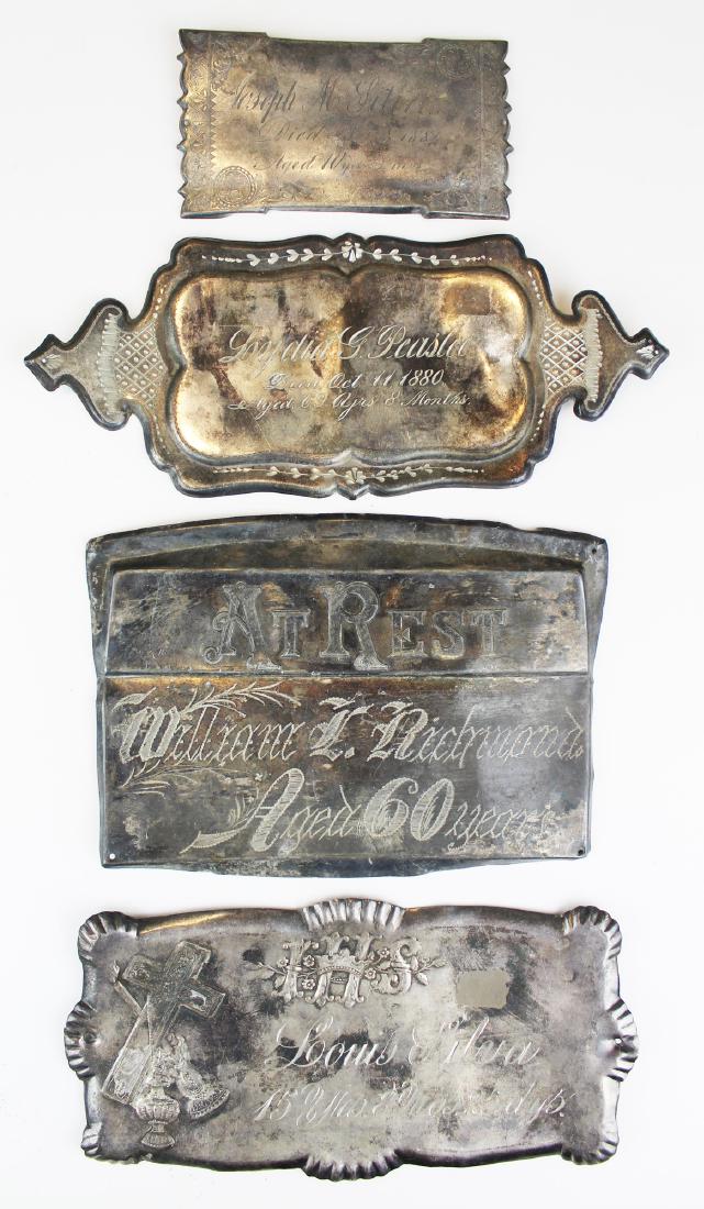 A group of 4 Victorian era silver plate coffin plates: A group of 4 Victorian era silver plate coffin plates. " AT REST William L Richmond aged 60 years", "Joseph M Silver died Nov 8 1881 aged 10 yrs 5 mos", "Louis Silva 15 yrs 8 mos 25 dys", Lydia G Peas