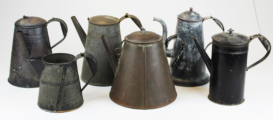 late 19th c tin tea pots & pitcher: late 19th c tin tea pots & pitcher (6 pcs), hts 7" to 10 1/2"