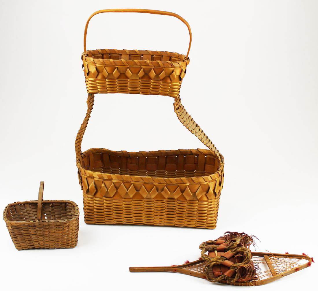three early 20th c NE Woodlands baskets: three early 20th c NE Woodlands baskets- Penobscot snowshoe wall pocket, unusual double tiered basket with looped decoration, etc., ht 20"