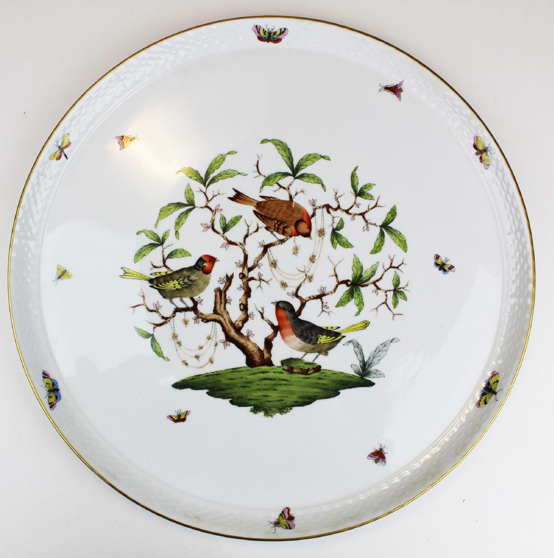 Herend Rothchild Bird round porcelain platter: large Herend Rothchild Bird fine Hungarian porcelain platter with naturalist decoration of birds in tree, butterflies and insects dia. 14.5"