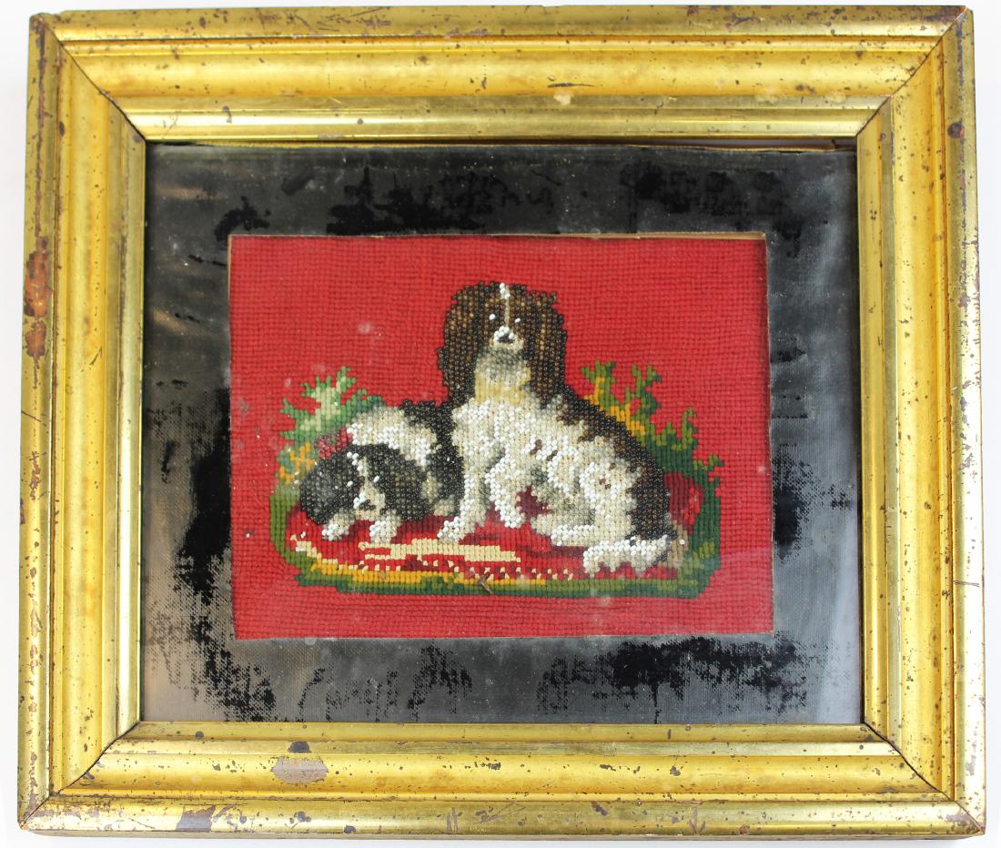 19th c beaded picture in lemon gilt frame: 19th c beadwork picture in lemon gilt frame, image 7 1/2" x 9 1/2"